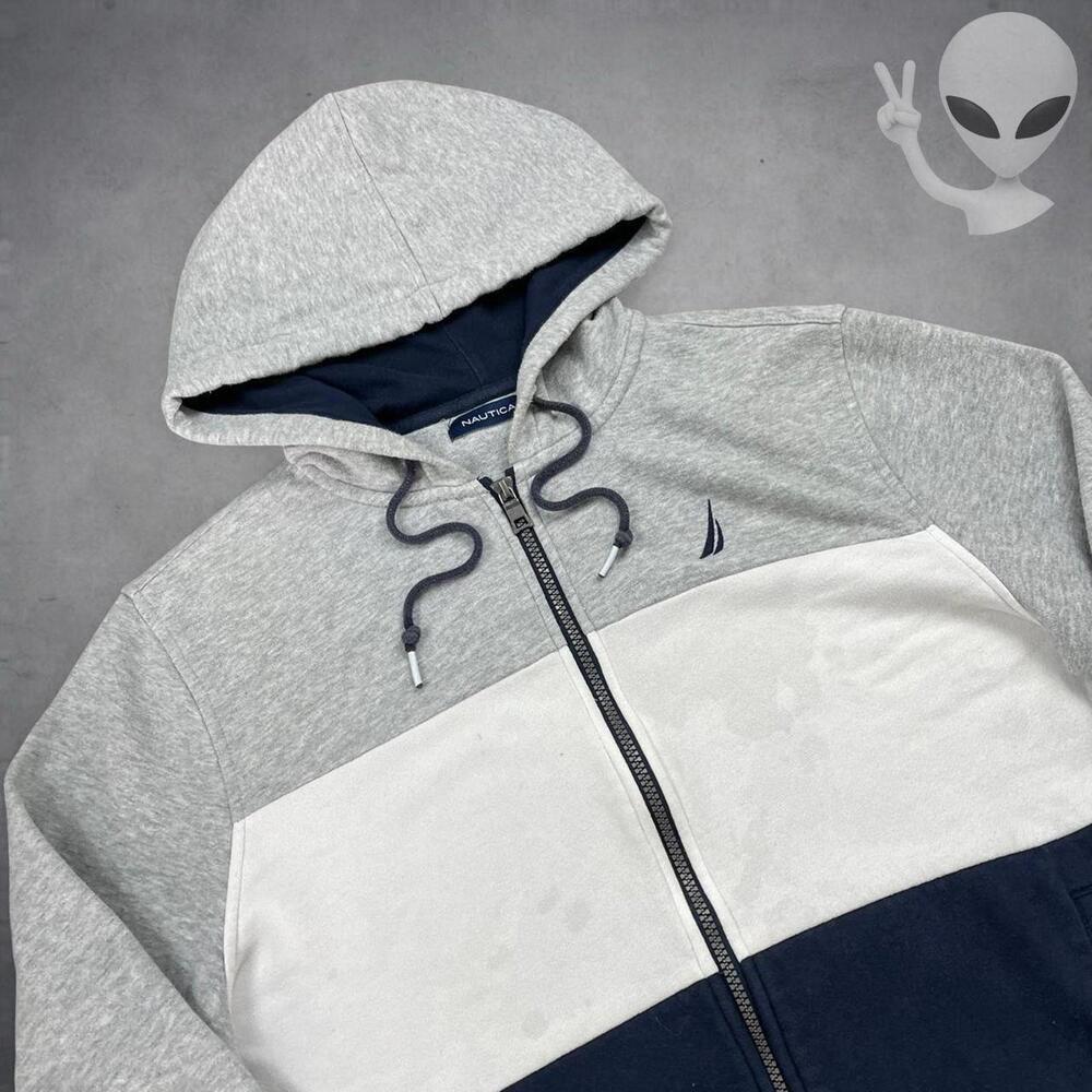 Nautica Men Small Gray White Navy Colorblock Full Zip Hoodie J Class Sailboat - Picture 2 of 7